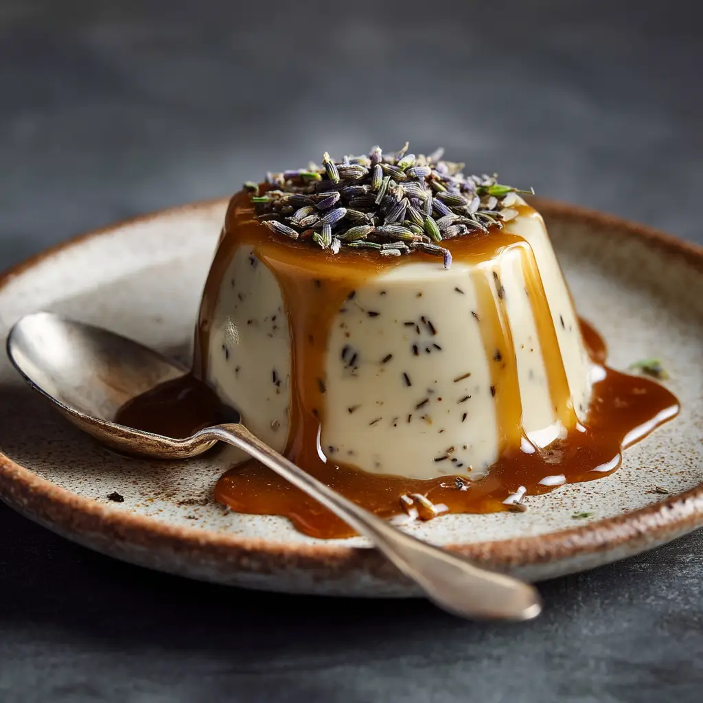 A serving of tea-infused panna cotta garnished with a lemon twist, showcasing a delicious serving suggestion.