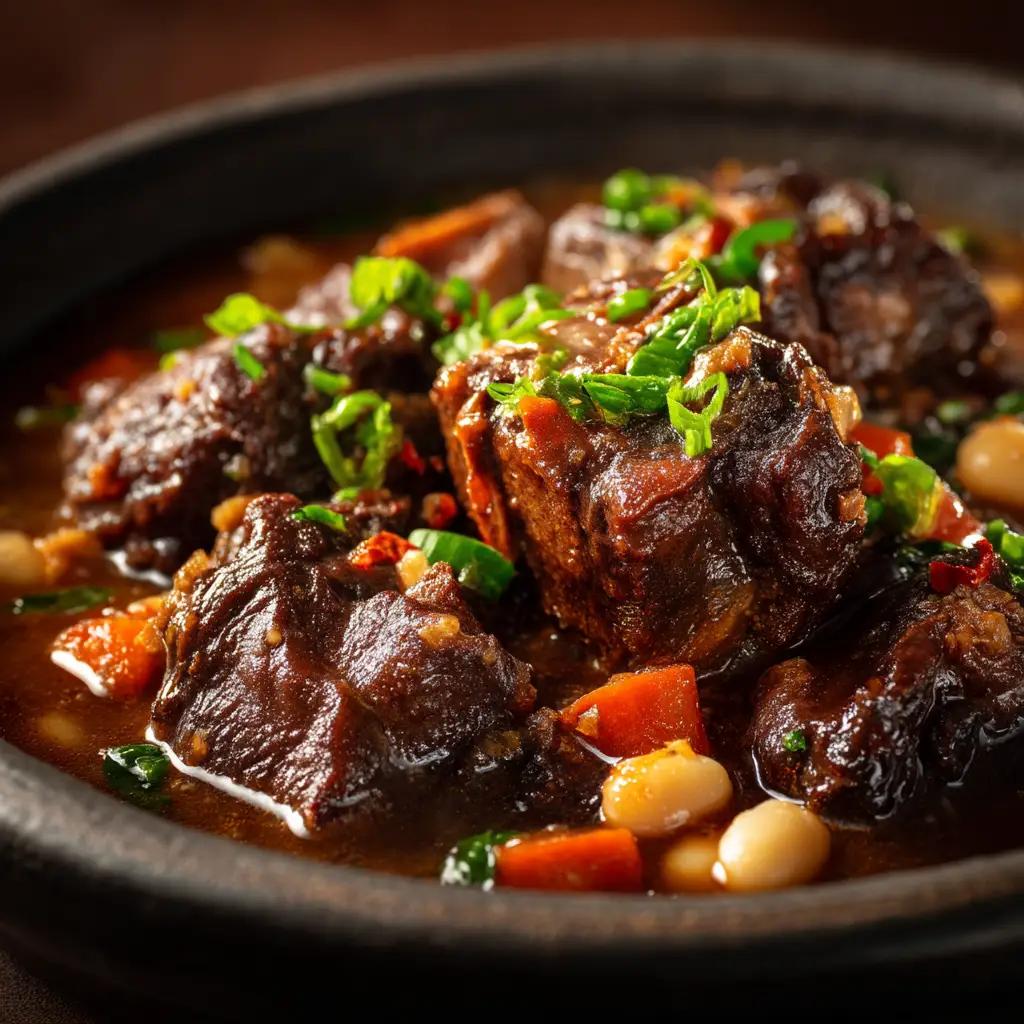 An extreme close-up of tender Jamaican oxtail stew, highlighting the rich, glossy gravy and succulent meat falling off the bone.