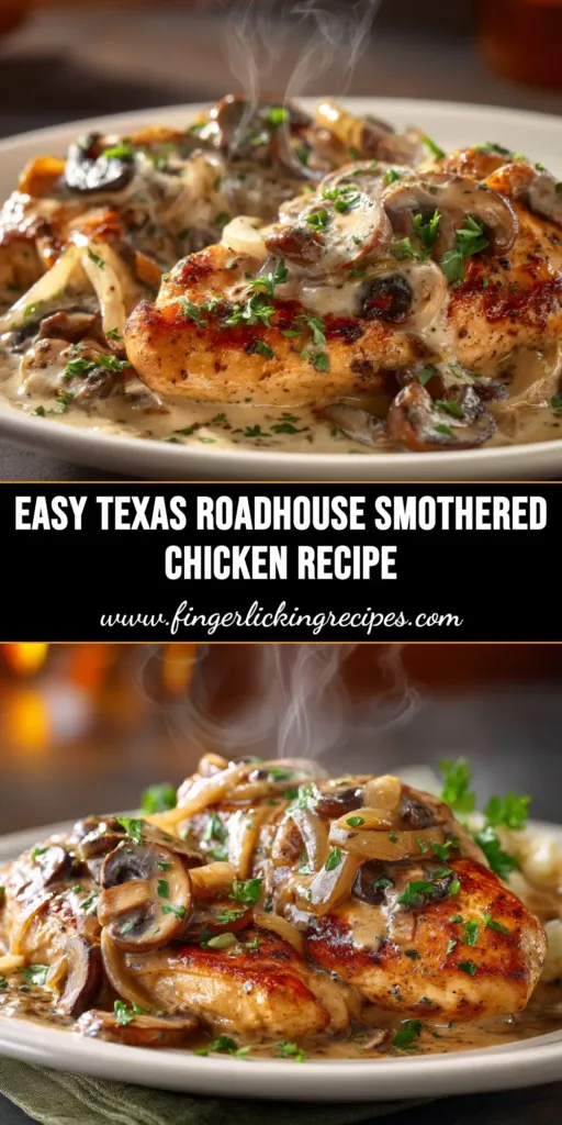 A delicious plate of Texas Roadhouse Smothered Chicken, featuring a grilled chicken breast covered in sautéed mushrooms, onions, and melted jack cheese, ready to be pinned.
