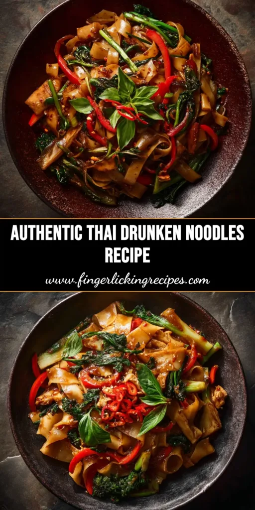 An overhead shot of a white bowl filled with authentic Thai Drunken Noodles (Pad Kee Mao), showing wide rice noodles, chicken, and fresh basil.