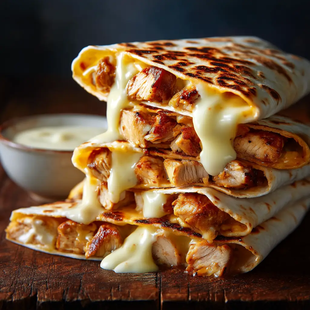 A golden-brown toasted chicken wrap being sliced in half, revealing a gooey, cheesy interior.