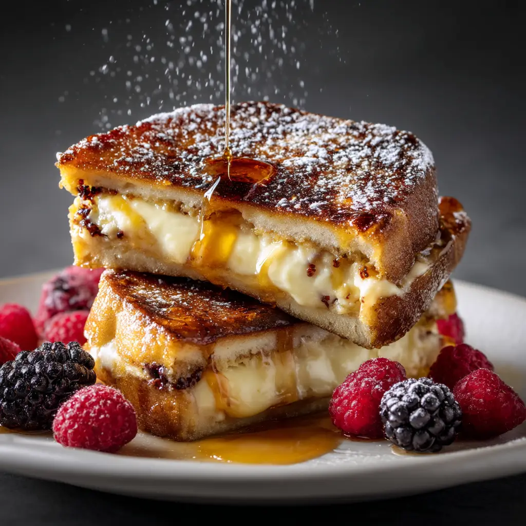 A close up view of the crispy, torched sugar topping on a slice of Creme Brulee French Toast, highlighting the crackly texture.