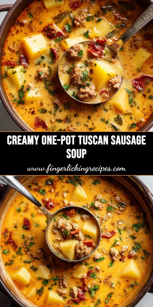A large white bowl filled with creamy Tuscan Sausage and Potato Soup, garnished with fresh kale and bacon. The perfect hearty one-pot meal.