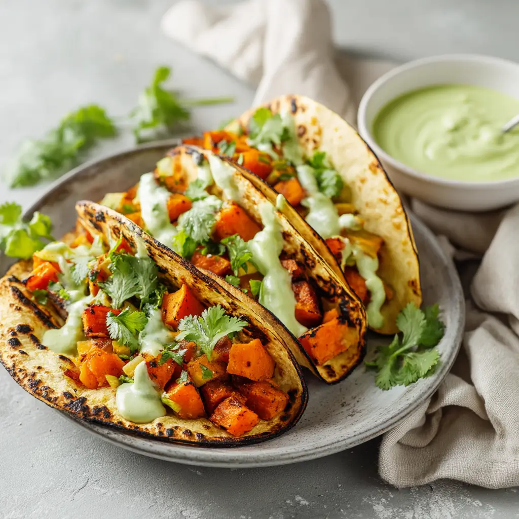 A side-view of a vegetarian taco filled with sweet potatoes, black beans, and a sprinkle of cheese, showing the generous filling.