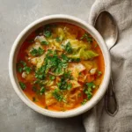 Cabbage Fat Burning Soup: The Ultimate Recipe for Weight Loss An overhead view of the hearty weight loss vegetable soup in a rustic bowl, showcasing the colorful mix of vegetables.