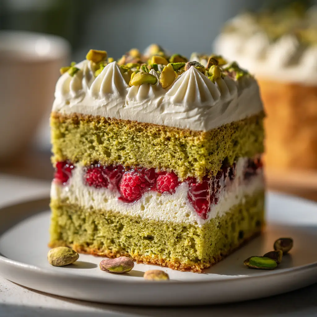 A whole Pistachio Raspberry Cake on a cake stand, decorated with fresh raspberries and chopped pistachios on top.