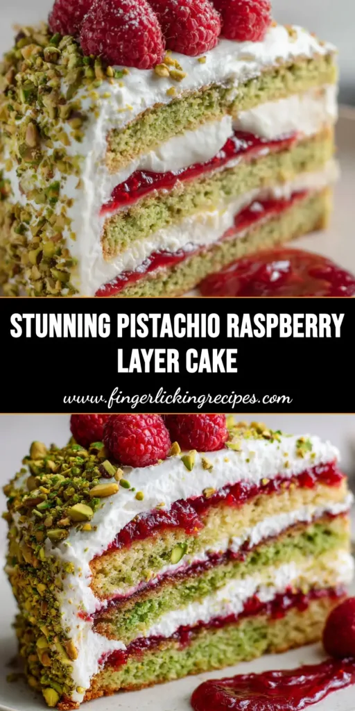 A beautiful slice of Pistachio Raspberry Cake with green sponge layers, bright red jam, and whipped cream, topped with fresh berries and pistachios.