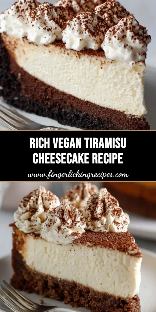 The Ultimate Vegan Tiramisu Cheesecake Recipe 5 A tall slice of thick vegan tiramisu cheesecake on a smooth white ceramic dessert plate, featuring an espresso-soaked dark brown crust, off-white filling, piped cream dollops, and a heavy cocoa powder dusting.