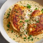 Two pan-seared chicken breasts resting in a shallow white ceramic dish, covered in a velvety pale ivory champagne cream sauce. (Champagne Chicken Recipe)