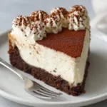 Close up of a dense, off-white plant-based cream cheese filling layered over a crumbly dark brown espresso cookie crust.