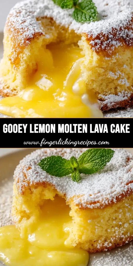 A close up shot of a warm pale yellow individual lemon lava cake split open with thick bright yellow gooey lemon curd spilling out onto a plain white ceramic dessert plate.