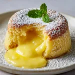 Warm pale yellow lemon lava cake split open with bright yellow lemon curd spilling from the center.