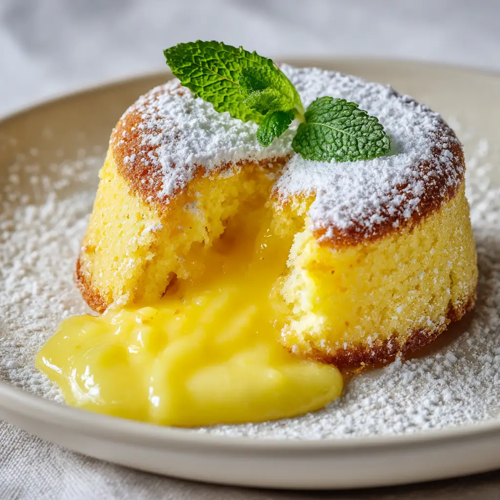 Top view of a lemon lava cake lightly dusted with powdered sugar and garnished with a single fresh green mint leaf.