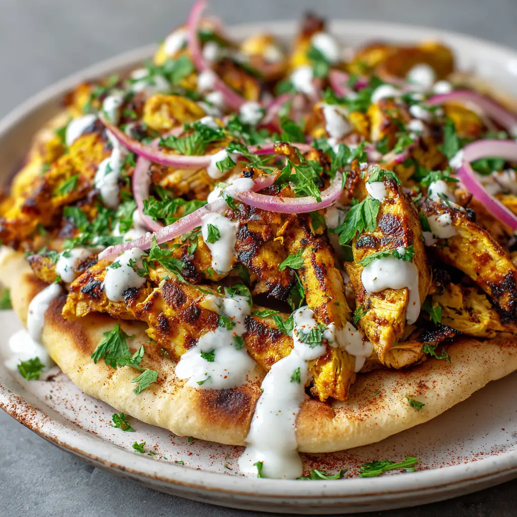 Chicken Shawarma assembled on a warm flatbread, generously drizzled with thick white garlic sauce and dark red sumac.