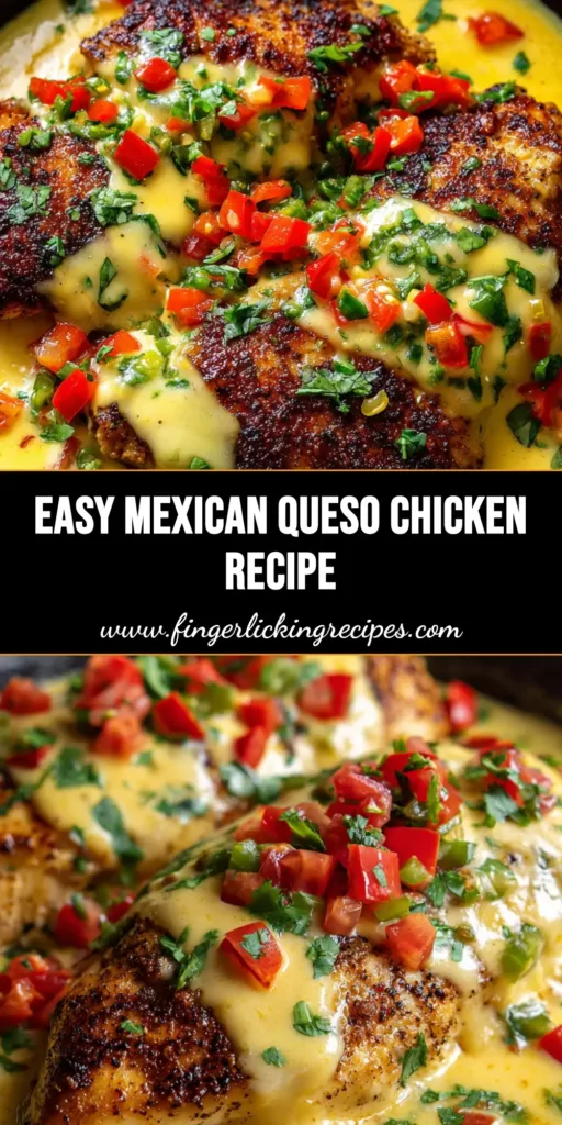 A close-up of Mexican Chicken with Cheese Sauce featuring golden-brown chicken breasts smothered in creamy yellow queso, topped with diced tomatoes, green chiles, and cilantro in a cast-iron skillet.