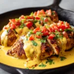 Pan-seared golden-brown chicken breasts smothered in a glossy melted yellow cheese sauce, pooling at the base of a matte black cast-iron skillet.