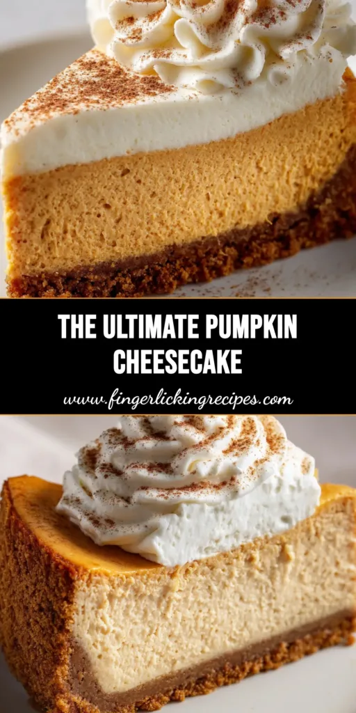 A perfect slice of pumpkin cheesecake featuring a thick graham cracker crust, dense pale orange filling, bright white whipped cream swirl, and cinnamon dusting. (Pumpkin Cheesecake)
