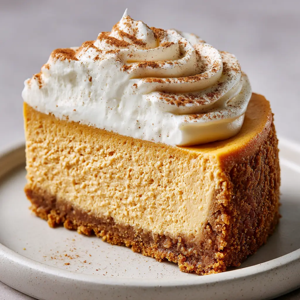 Close-up detail of a bright white whipped cream swirl lightly dusted with fine brown cinnamon powder atop a pumpkin cheesecake.