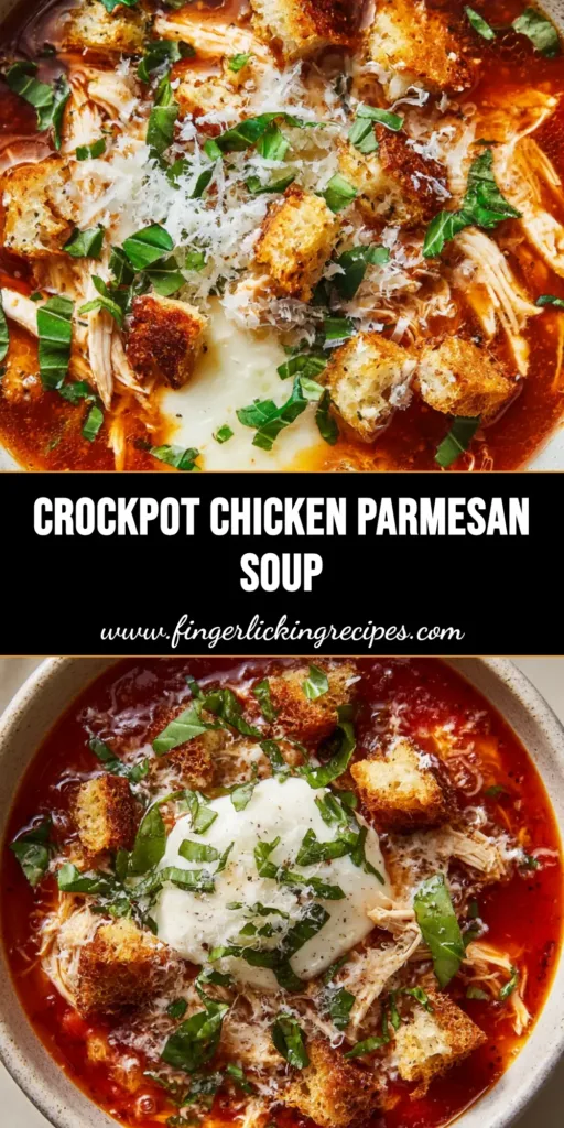 A rustic white bowl of Crockpot Chicken Parmesan Soup topped with melted gooey mozzarella, shredded parmesan, golden garlic croutons, and fresh green basil on a textured wooden surface.