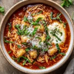Close-up top-down view of thick red tomato broth filled with shredded chicken, a large pool of melted mozzarella, parmesan shreds, and golden brown croutons in a white bowl.