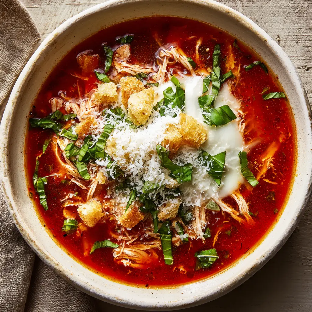 A spoonful of Crockpot Chicken Parmesan Soup showing tender shredded chicken, thick red broth, and vibrant green chopped basil leaves.