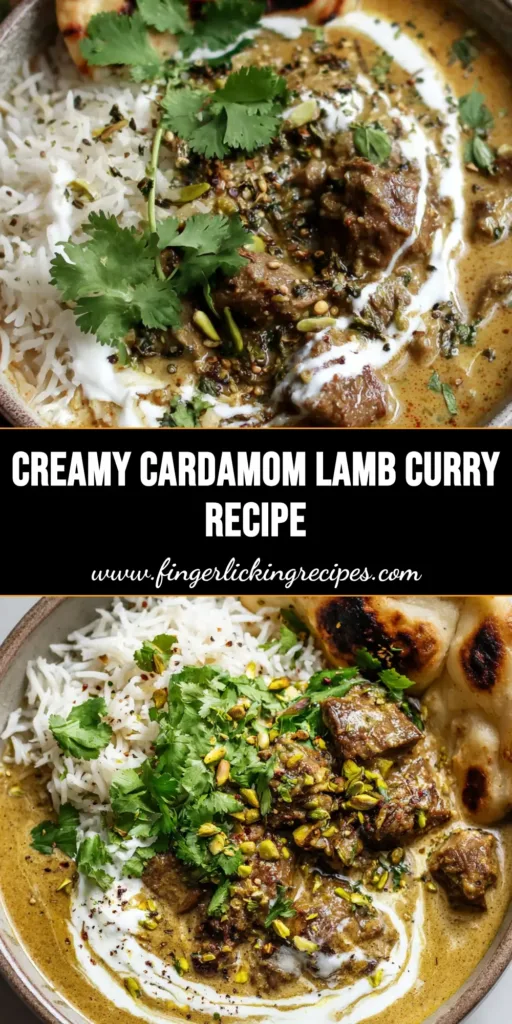 A rustic bowl of Creamy Cardamom Lamb Curry topped with a swirl of coconut cream, cracked black pepper, and fresh cilantro, served with fluffy basmati rice and blistered naan bread.