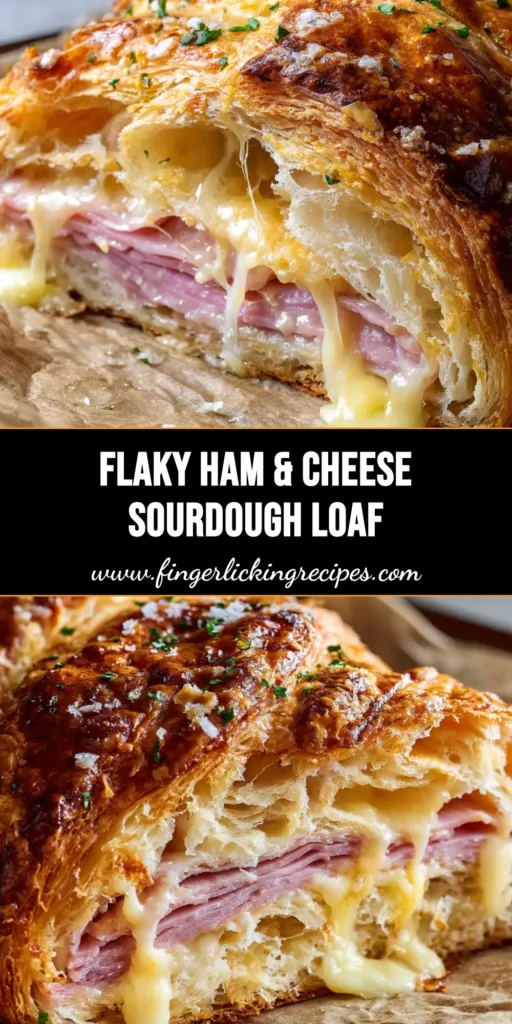 A close-up of a freshly baked ham and cheese sourdough loaf, pulled apart to reveal ultra-flaky layers, pink ham, and melted glossy pale-yellow gruyere cheese.