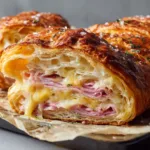Highly blistered golden-brown crust of a ham and cheese sourdough loaf sprinkled with coarse sea salt and dried parsley.