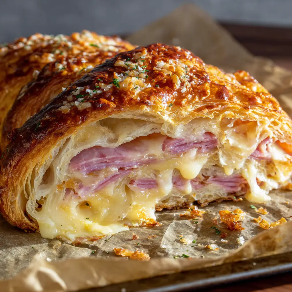 Thick pools of melted pale-yellow gruyere cheese stretching from the interior foundation of distinct flaky pastry layers.