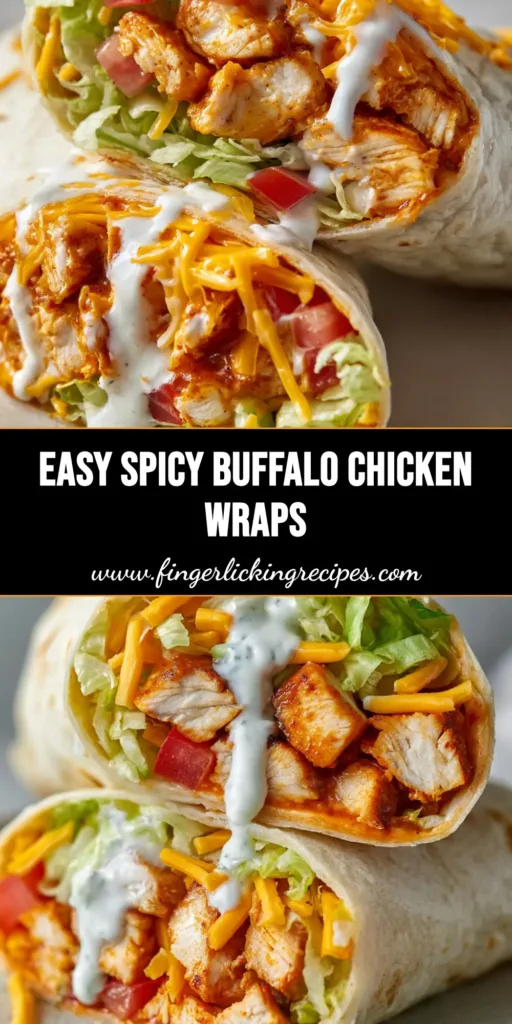 Close up cross section of a tightly rolled Buffalo Chicken Wrap on a ceramic plate, filled with crispy iceberg lettuce, tomatoes, pan-seared chicken in glossy buffalo sauce, cheddar, and blue cheese dressing.