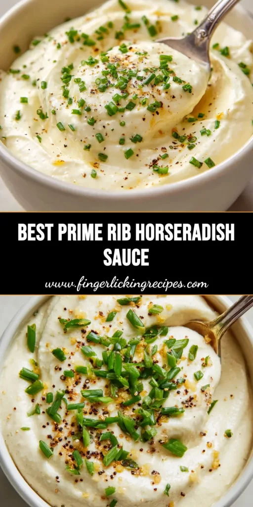 A thick, off-white Horseradish Sauce for Prime Rib in a small ceramic bowl, topped with green chives and black pepper.