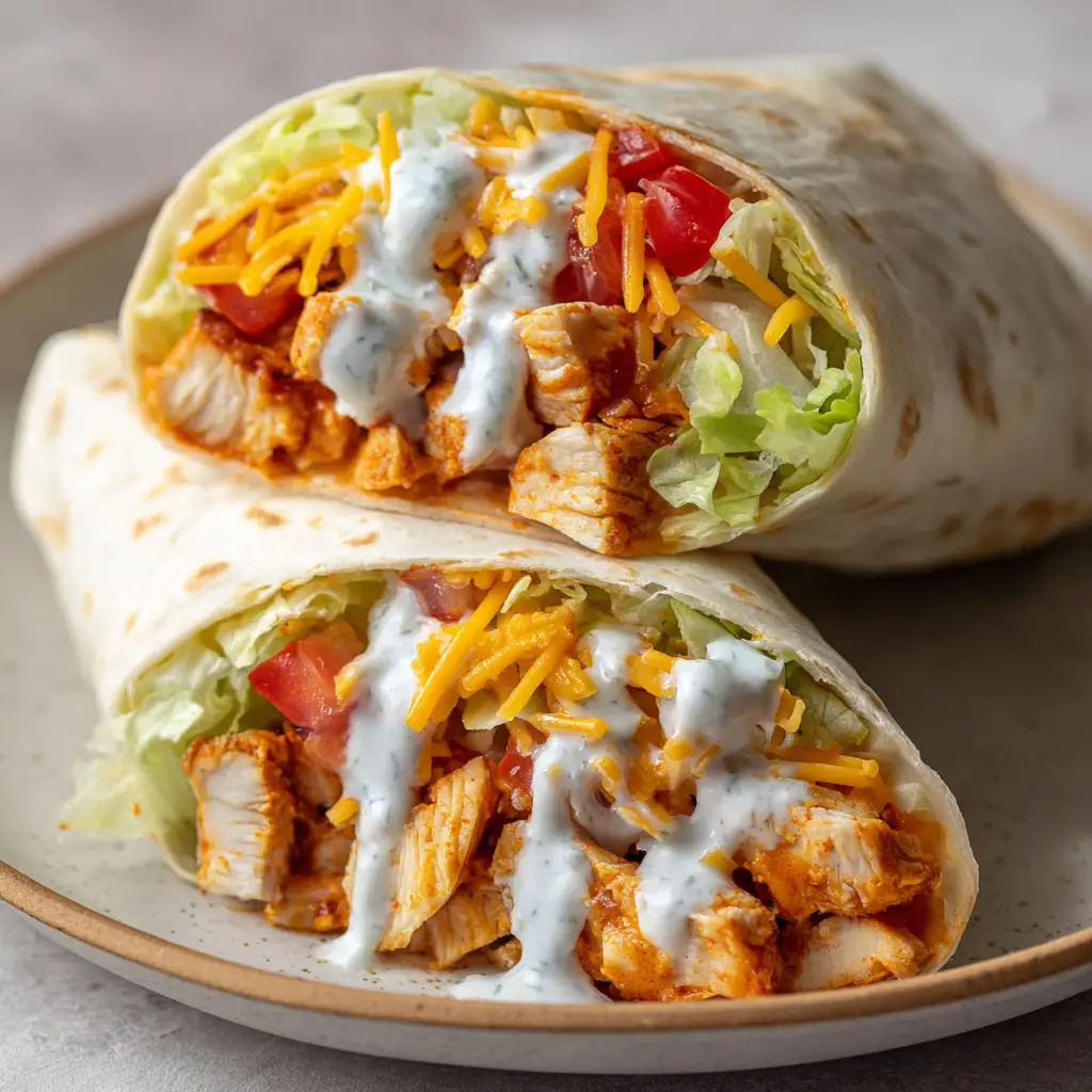 Close up of glossy bright orange buffalo sauce coating chunks of pan-seared chicken breast inside a soft flour tortilla.