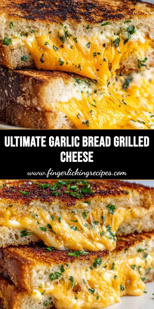 A close-up shot of a pulled apart garlic bread grilled cheese sandwich showcasing a massive cheese pull and a buttery, herb-flecked golden crust.