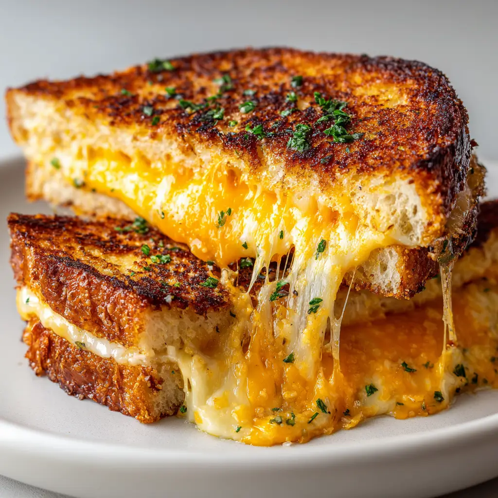 Close up of bright orange cheddar and creamy white mozzarella pulling in long strings between two sandwich halves.