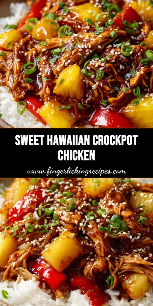 A rustic ceramic bowl filled with fluffy white rice topped with Hawaiian Crockpot Chicken, featuring shredded thighs in a glossy amber glaze with pineapple chunks, red bell peppers, sesame seeds, and scallions.