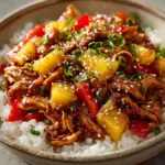 Close-up of Hawaiian Crockpot Chicken showing thick, glossy dark amber sticky sweet pineapple glaze coating tender shredded meat.