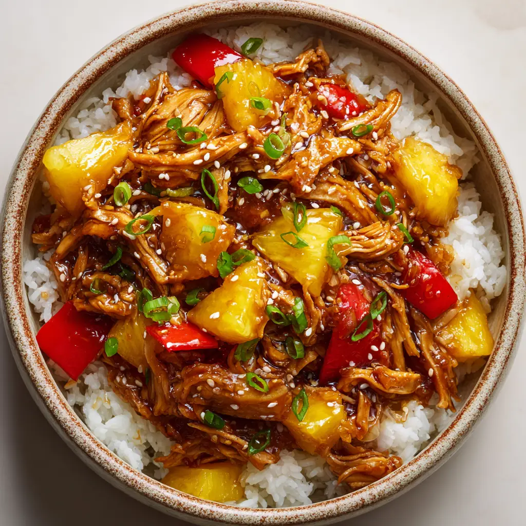 Top-down view of a bowl of slow cooker pineapple chicken mixed with bright yellow cooked pineapple chunks and soft diced red bell peppers over steamed white rice.