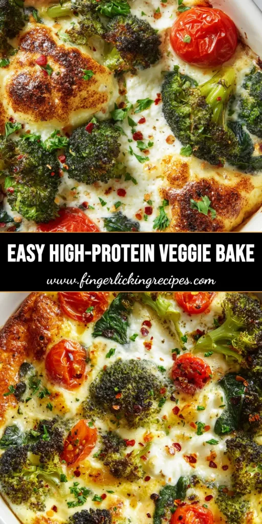 A close-up top-down view of a Cottage Cheese Veggie Bake with roasted broccoli and blistered tomatoes in a white ceramic dish.