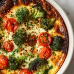 Freshly baked cottage cheese and vegetable casserole showing creamy distinct curds and roasted broccoli florets. (Cottage Cheese Veggie Bake)