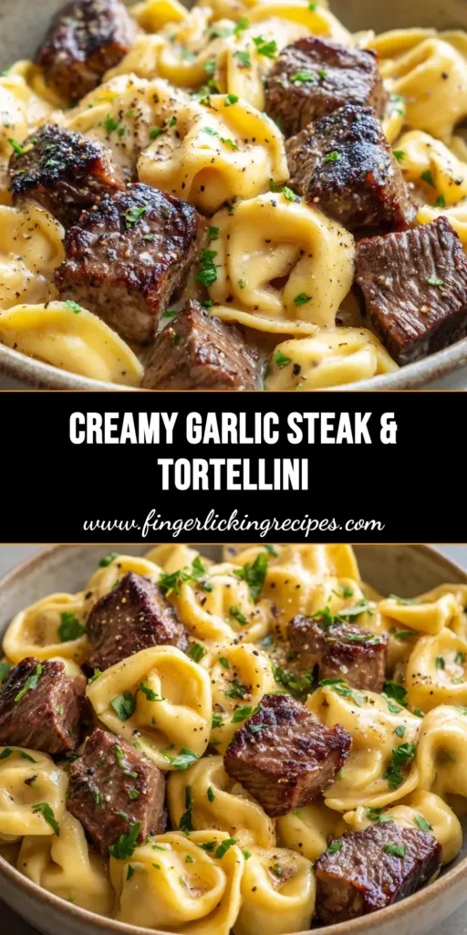 A close up shot of a rustic ceramic bowl filled with cheese tortellini and seared steak bites coated in a glossy garlic butter sauce. (Garlic Steak Tortellini)