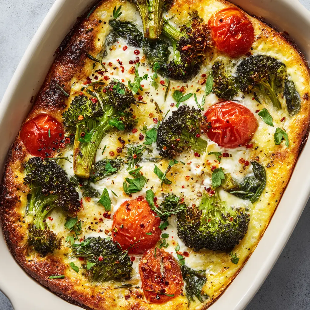 Top down macro shot of the Cottage Cheese Veggie Bake garnished with cracked black pepper and fresh parsley.