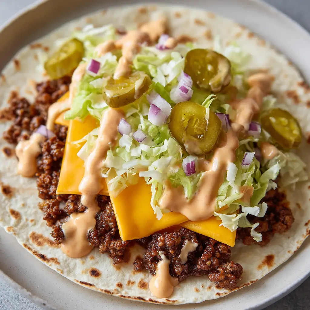 Ultimate Copycat Big Mac Wraps Recipe 2 Crisp finely shredded iceberg lettuce, finely diced white onions, and round crinkle-cut sweet pickle slices scattered over a Big Mac wrap.