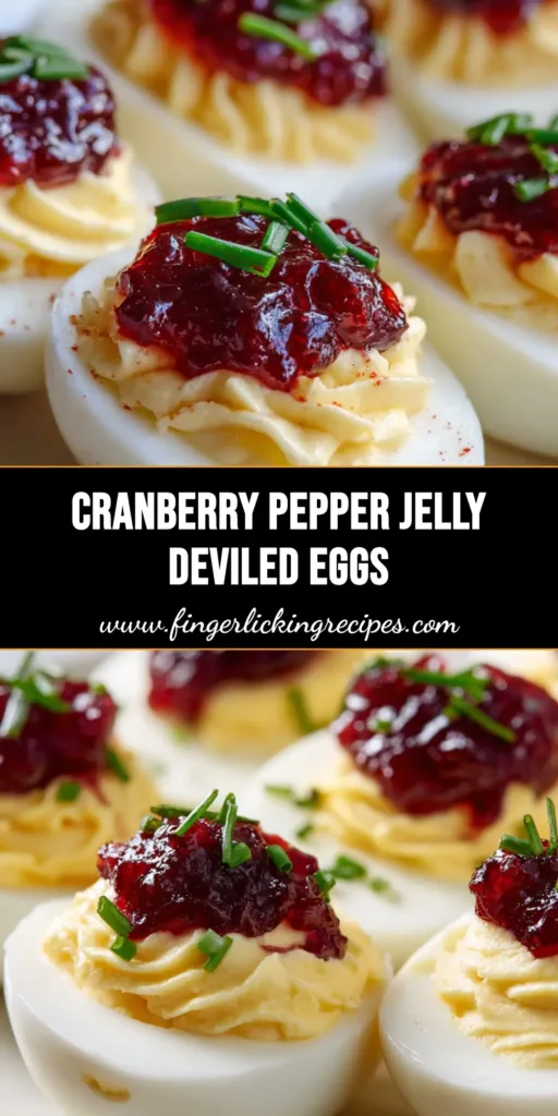 Close-up shot of Cranberry Pepper Jelly Deviled Eggs beautifully piped and garnished on a white ceramic serving platter.