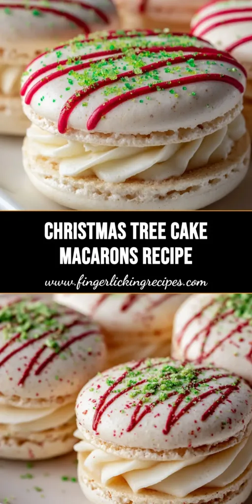 A towering stack of Christmas Tree Cake Macarons featuring white shells, red icing zig-zags, green sprinkles, and thick creamy buttercream.