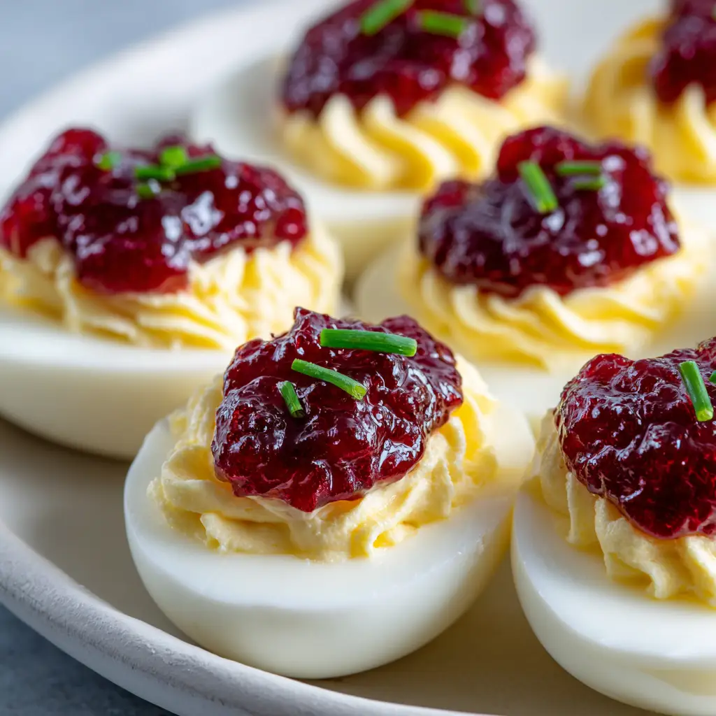 Thick, glossy chunky dollops of vibrant ruby-red cranberry pepper jelly topping piped deviled eggs with fresh green chives.