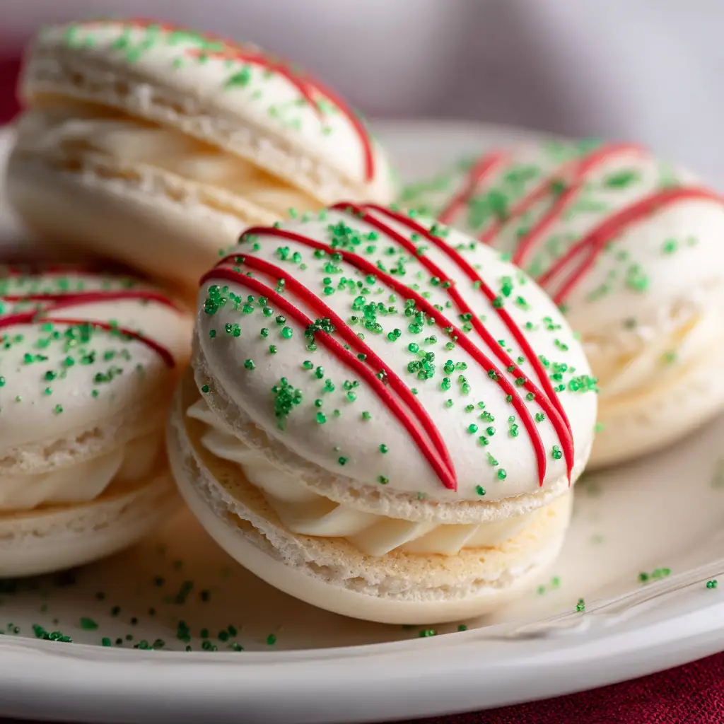 A side view of a Christmas tree cake macaron showcasing the thick piped creamy white buttercream filling between two decorated white shells.