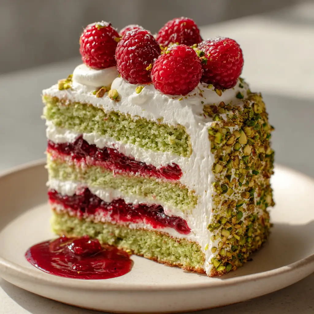 A close-up view of the interior layers of a Pistachio Raspberry Cake, showing the green sponge, white cream, and red jam.