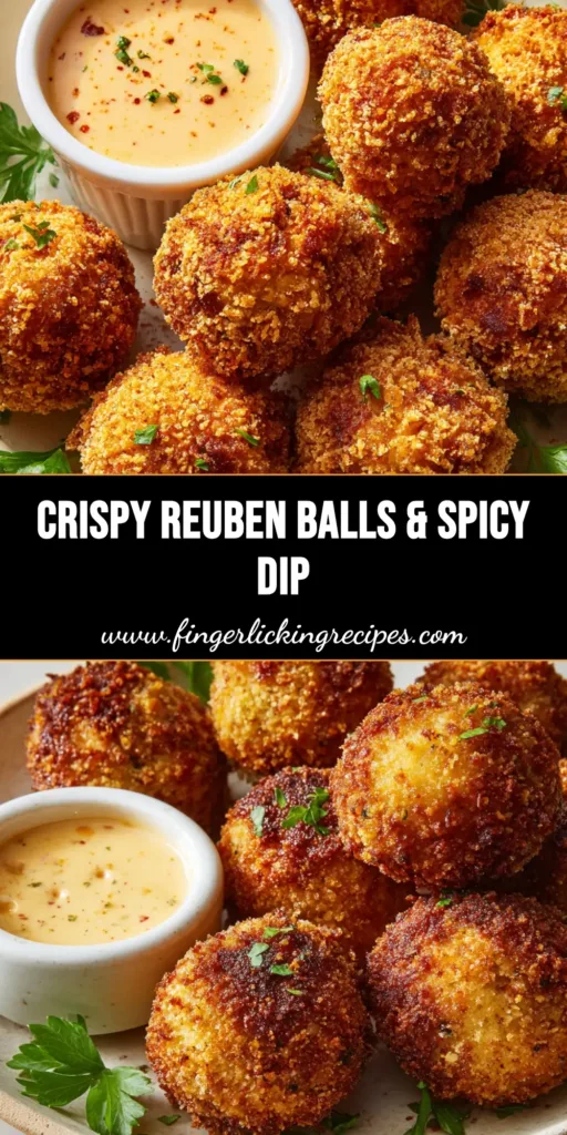 The Ultimate Crispy Reuben Balls with Spicy Thousand Island Dip 5 A close up of crispy golden-brown breaded deep-fried Reuben Balls with a panko coating next to a creamy pale-orange spicy dipping sauce.