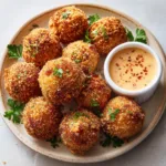 The Ultimate Crispy Reuben Balls with Spicy Thousand Island Dip A handheld smartphone photo of crispy golden-brown breaded Reuben balls served on a ceramic platter with fresh green parsley.