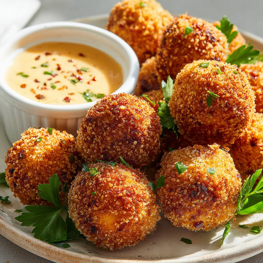 The Ultimate Crispy Reuben Balls with Spicy Thousand Island Dip 2 A small white ramekin filled with a creamy, pale-orange spicy Thousand Island dipping sauce speckled with red chili and green relish.
